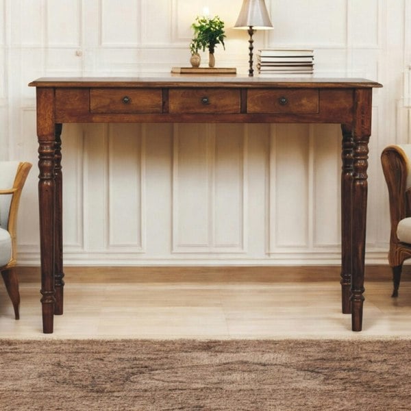 Artisan Furniture Solid Wood Turned Legs 3 Drawer Chestnut Console