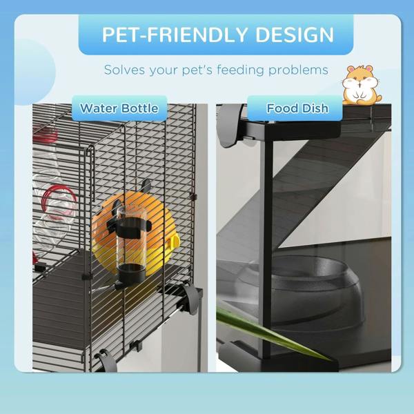 Black wire hamster cage with water bottle and food dish on front feeding ledge