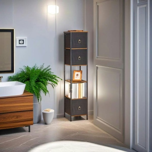 Modcraft Tall Narrow Corner Storage Cabinet – 3 Fabric Drawers & 2 Open Shelves, Slim Bathroom Unit