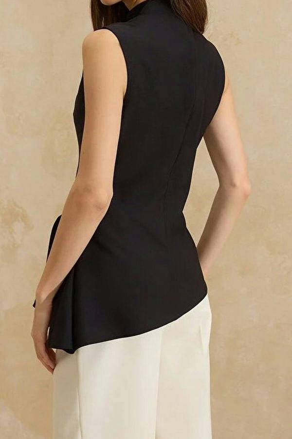 WOVCOR Asymmetrical High Neck Woven Blouse