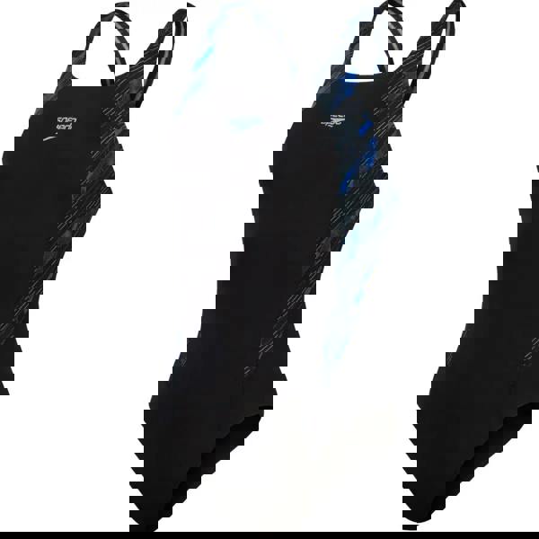 Black Speedo Hyperboom Splice Muscleback Swimsuit with blue straps