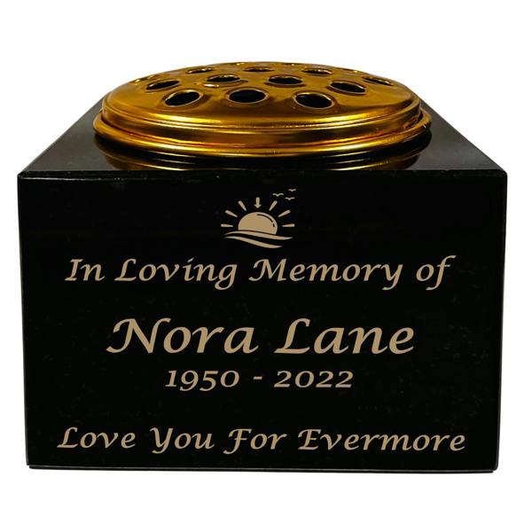 Memorials Direct Granite Memorial Vase with Sunset Design, Free Personalised Gold Engraving, Solid Granite 6 x 6 x 4 Inches