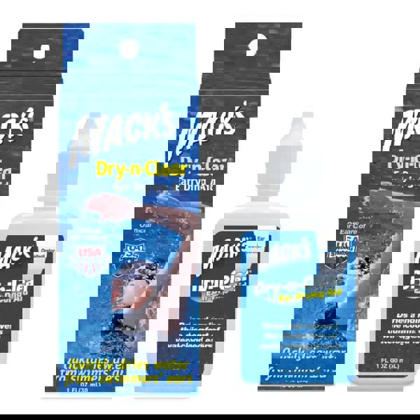 Macks Dry-n-Clear ear drying aid bottle, 1 fl oz blue white label