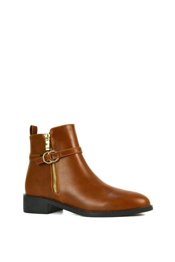 XY LONDON Flat Low Heel Ankle Booties With Decorative Buckle and Zip