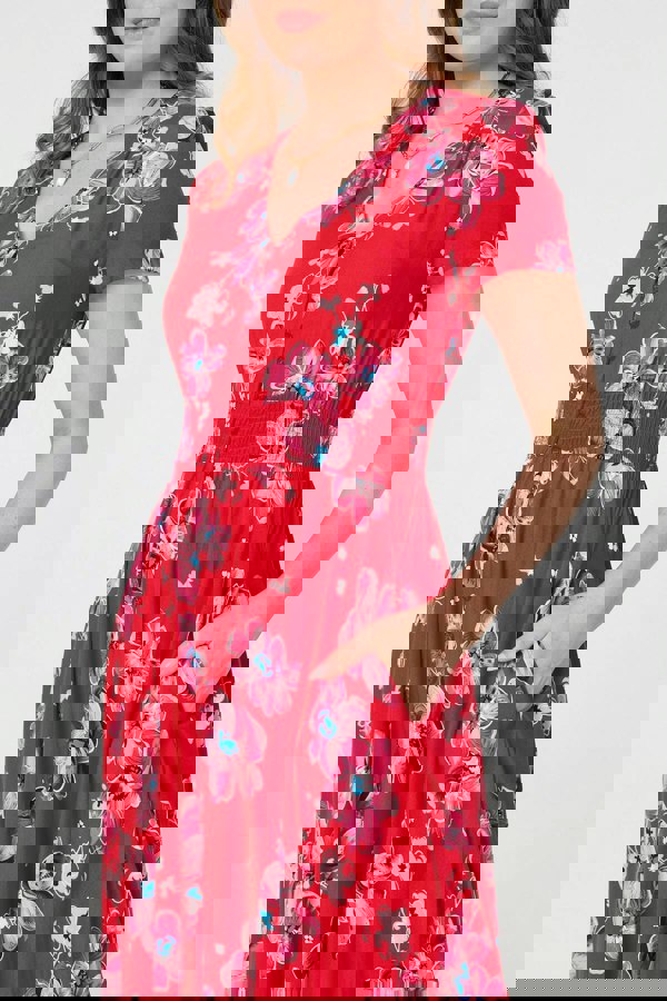 Red | Floral Short Sleeve Shirred Maxi Dress