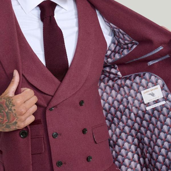 Harry Brown London Eton Wool Tweed Three Piece Slim Fit Suit in Winter Berry