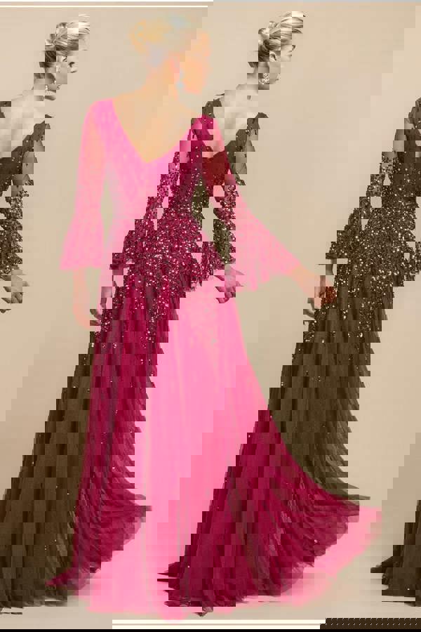 Sunray Hand Embellished Sequin A-Line Bell Sleeve Maxi Dress - Burgundy DR4654