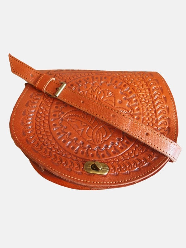 Berber Leather The Temara Embossed Saddle Bag in Light Brown