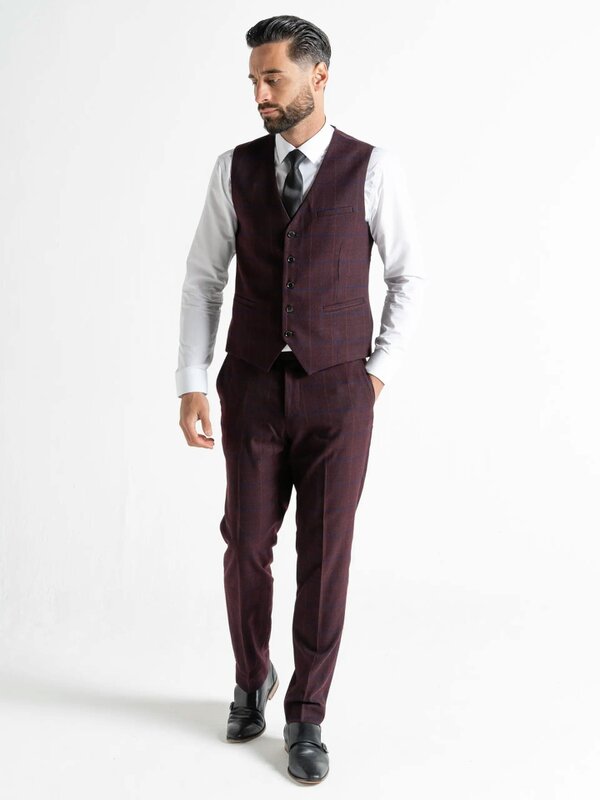 V2 Classic Kensignton Three Piece Suit - Soft Plum Tweed With Blue Checks