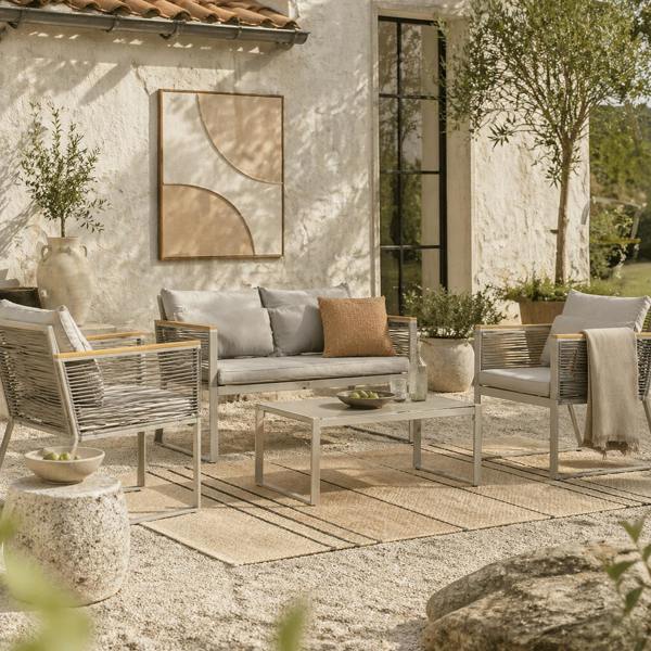 Wyld Haus Rotoyo Kaha Grey Rattan String 4 Seater Outdoor Furniture Set With Cushions