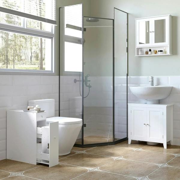 White slim bathroom floor cabinet with two drawers and a top door, compact size