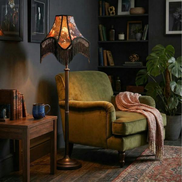 Large Vintage 1920s Victorian Black Lamp Shade with Coloured Flowers Image 6