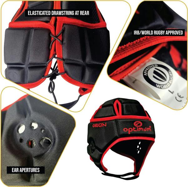 Black and red Origin rugby headguard feature collage showing drawstring, ear apertures and approval - Optimum