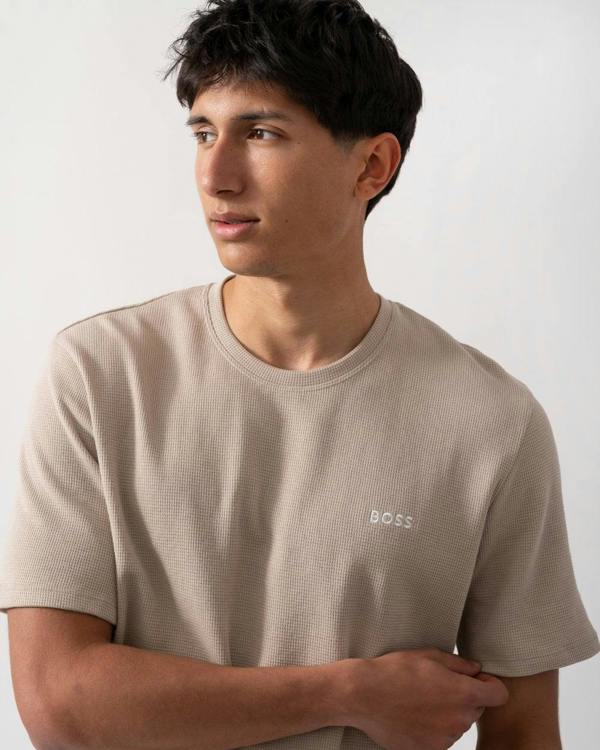 BOSS Orange Waffle Mens Cotton-Blend Pyjama T-Shirt with Embroidered Logo - Light Beige 275 - CHO - Designer Mens Pyjamas