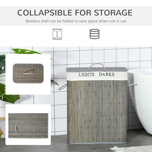 Grey collapsible laundry hamper with labeled lid and side string handle, standing in bathroom