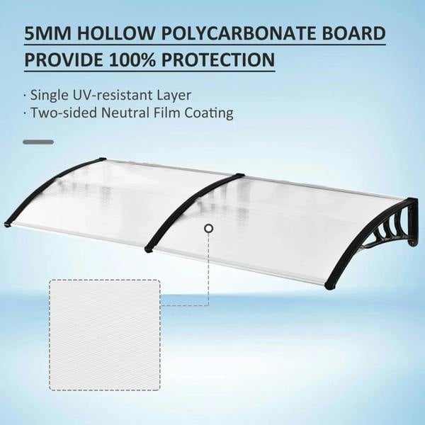 Clear polycarbonate door awning with black frame and arched support bars