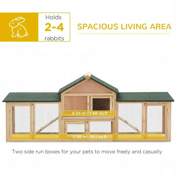 2-storey wooden rabbit hutch with run, green felt roofs and side run compartments