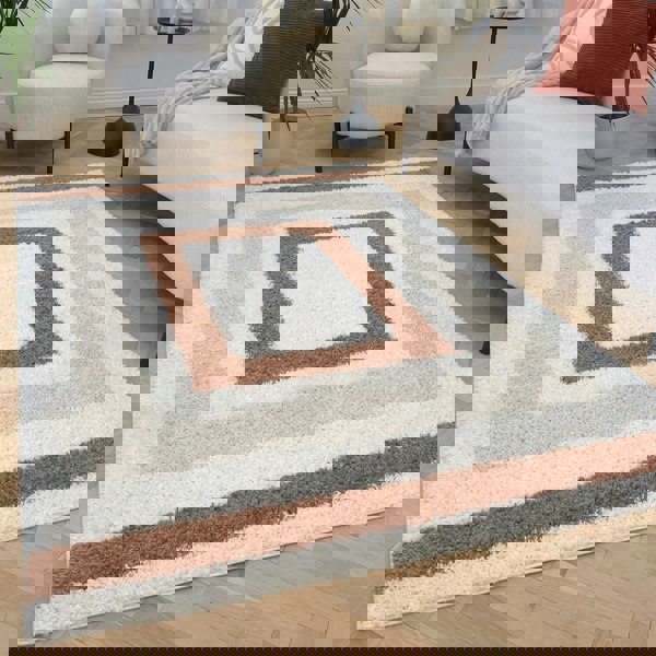 Moodi Shaggy Cream/Brown Rug, Bordered design, easy to clean, fluffy pile| THE RUGS