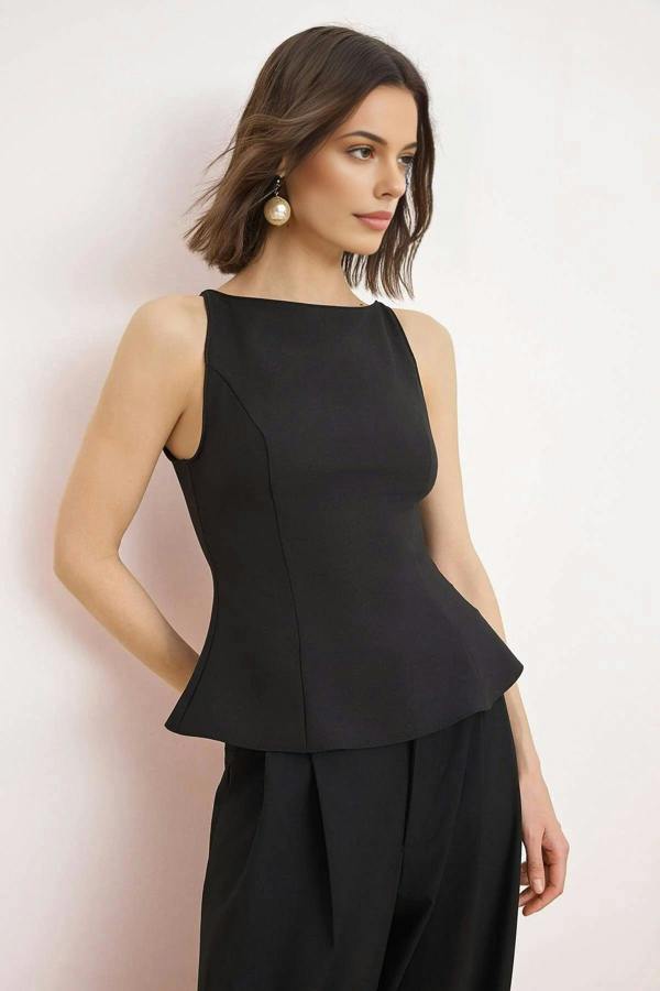 WOVCOR Back Bow Detail Peplum Woven Blouse