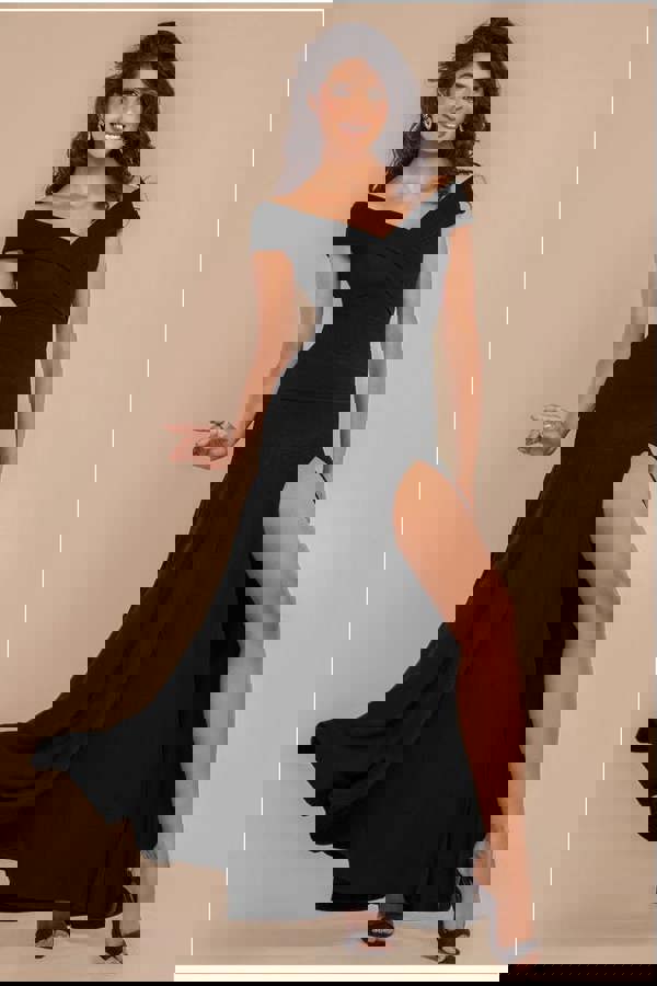 Scuba Crepe Off Shoulder Front Split Maxi Dress - Black DR2930SC