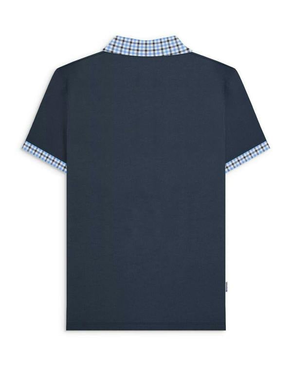 Lambretta Mens Classic Dress Gingham Mod Retro Ska Casual Polo, back view of a navy blue short-sleeve polo shirt with gingham check collar and sleeve cuffs.