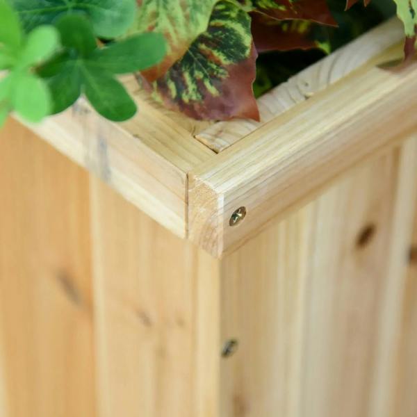 Natural wooden planter corner joint with screw detail and slanted top rail