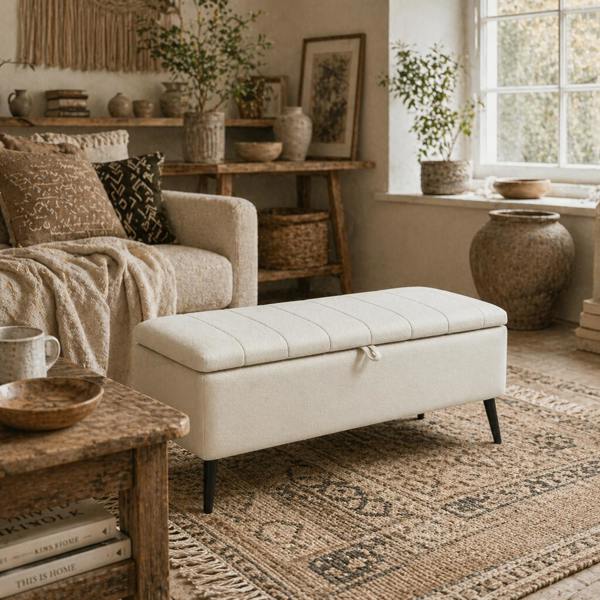 Wyld Haus Zimina Linen Look Cream Storage Ottoman Stripe Top
