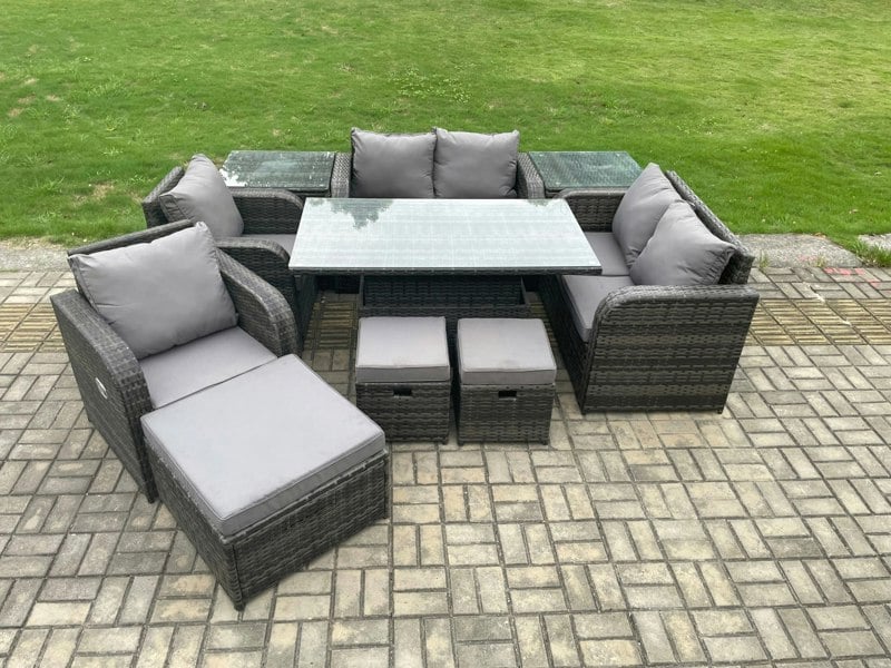Fimous PE Rattan Garden Furniture Set Outdoor Height Adjustable Rising lifting Dining Table Chair Love Sofa With 2 Side Tables 3 Footstools