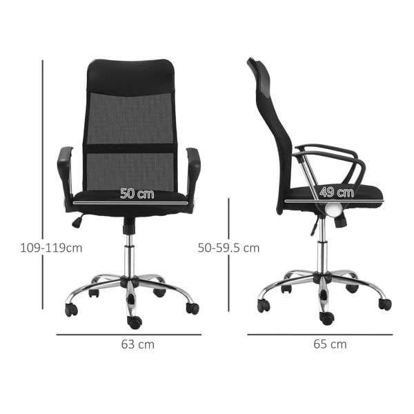 Black mesh office chair with height and seat-width dimensions shown
