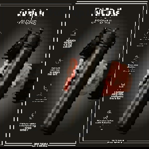 A black water bottle, with a 240° opening flip lid, is being held; against a dark background. Full Flip Lid, 240° Opening. SLIM THERMAL.