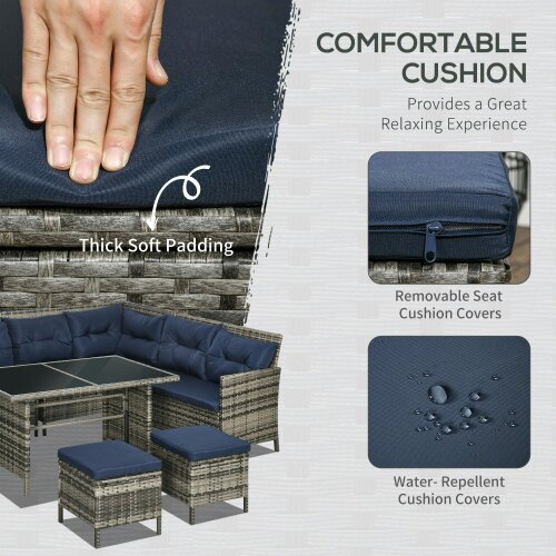 Wyld Haus Rarapa Rattan Dark Blue 7 Seater Garden Sofa Set With Glass Table And Cushions