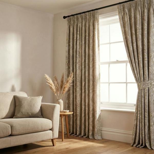 Larissa made-to-measure curtains in Marshmist, styled in a living room