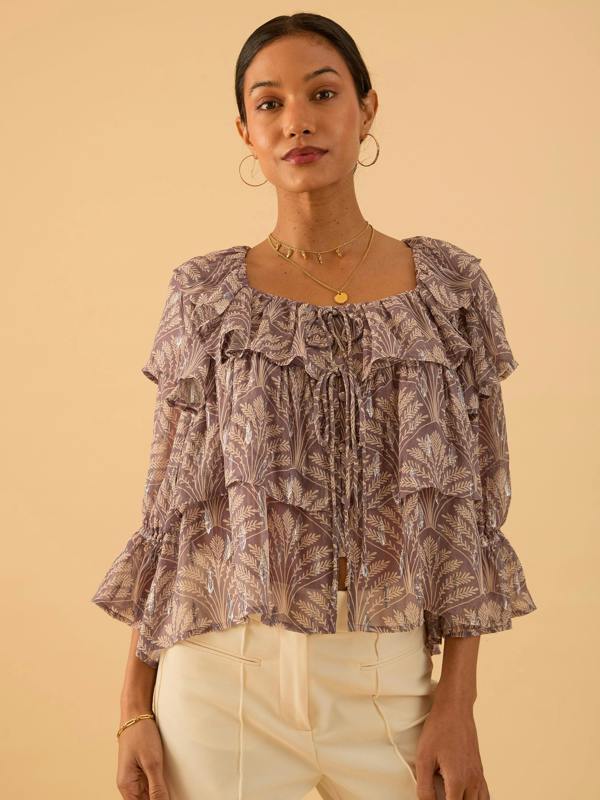 Rose & Nancy Olivia Pink Mink Sparkle Print Ruffle Blouse