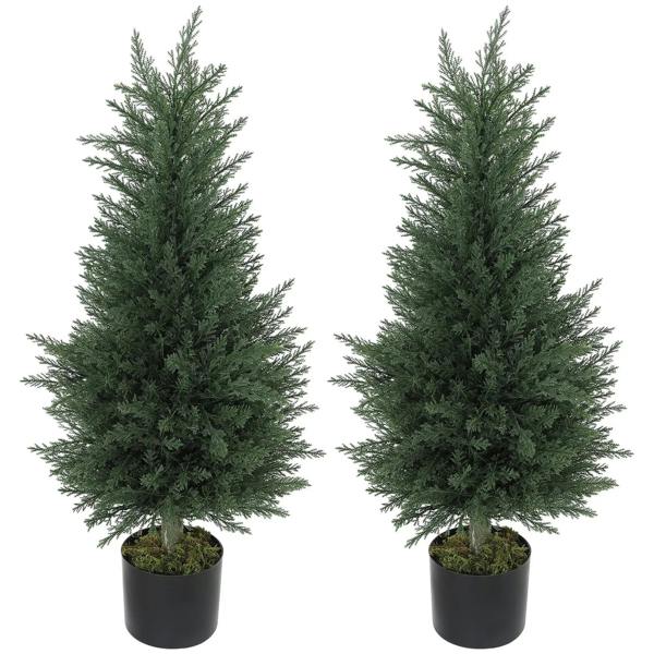 Two green faux cypress trees in black plastic pots, 90 cm tall
