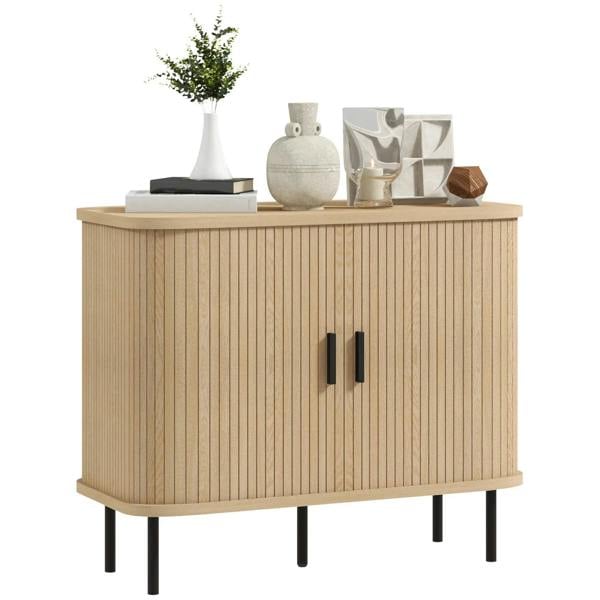 Mid-century sideboard with slatted tambour doors, steel legs, oak tone