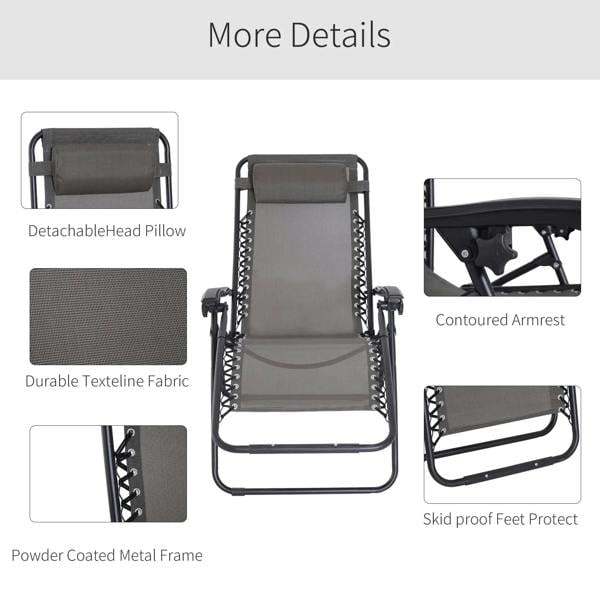 Grey texteline outdoor recliner chair with detachable head pillow, black metal frame