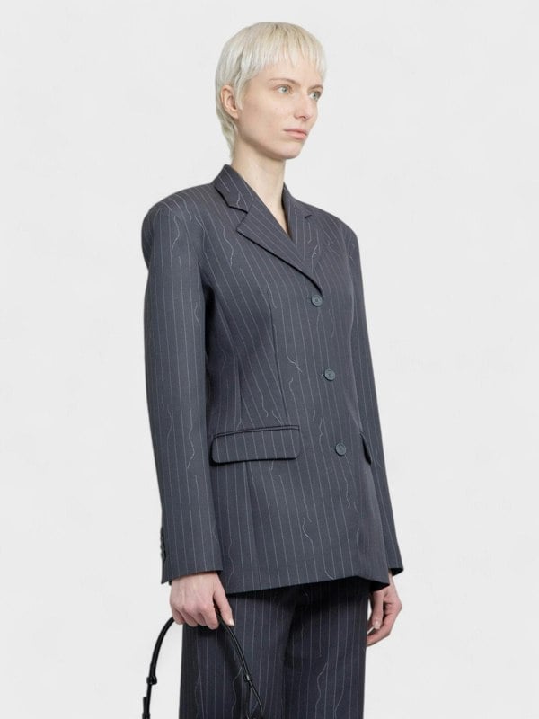 Off - White Pinstripe Fitted 3 Button Blazer Jacket Dark Drey - Supplied FashionOff White