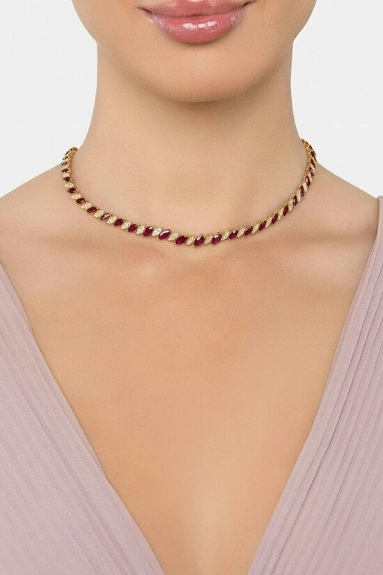 Latelita Viscountess Statement Tennis Necklace Ruby Gold