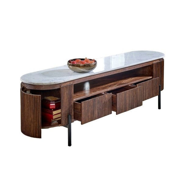 IH Design Miel Mango Wood Large TV Stand With Marble Top & Metal Legs
