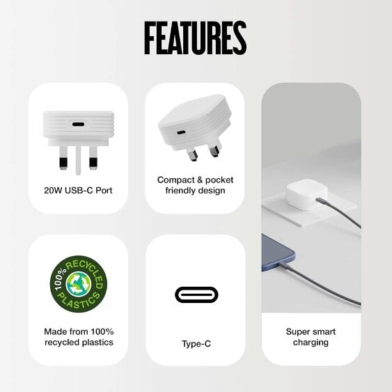 Juice 20W USB C PD UK Wall Charger White - JUI-MAINS-PD-PLUG-UBSC-20W-ECO-WHT