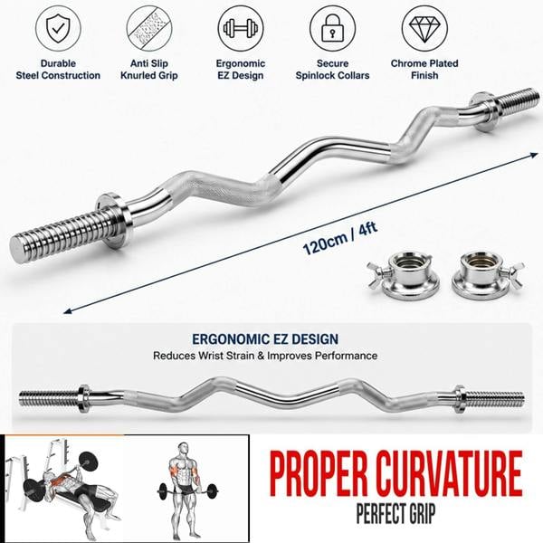 4FT EZ Curl Bar Standard Steel Chrome Barbell Anti-Slip Grips and Spinlock Collars for Weightlifting, Bodybuilding Strength Training