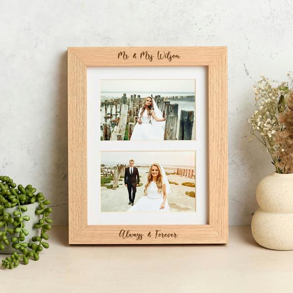 MijMoj Design Personalised Solid Oak Double Picture Frame with Mount - For 6x4" Photos, Natural Finish