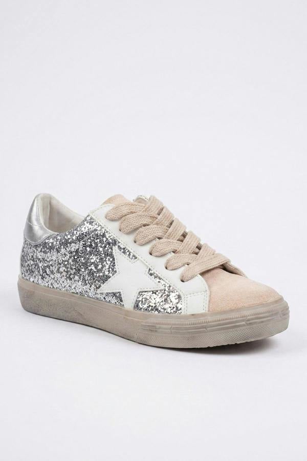 Tatum Glitter Star Detail Lace Up Trainers - Silver