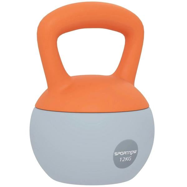 Soft kettlebell with orange non-slip handle and grey body, 12 kg weight.