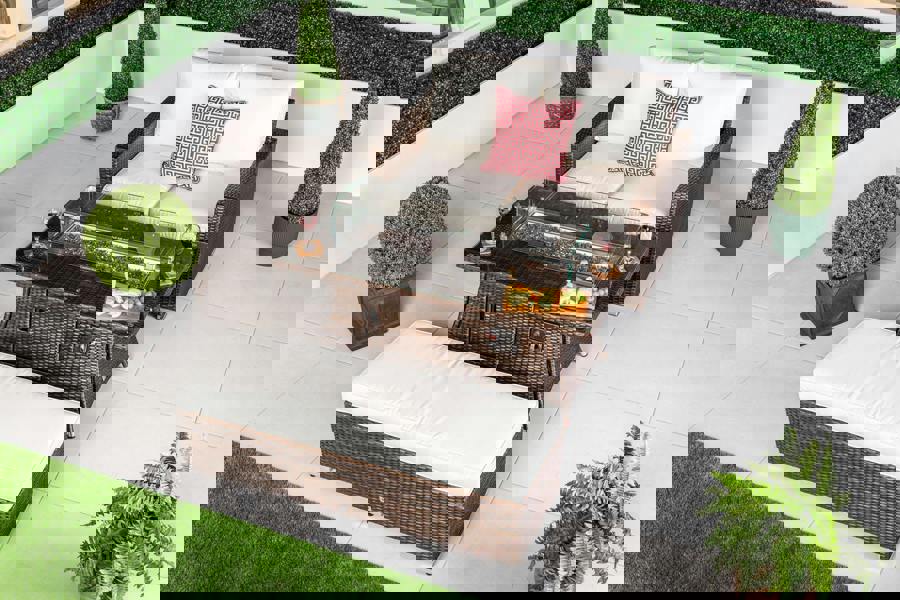 Giardino Sydney 2 Seat Loveseat Sofa Rattan Garden Furniture Set Outdoor With Fire Pit Coffee Table & Bench