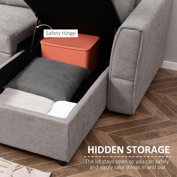 Light grey sofa bed with open hidden storage compartment under the seat