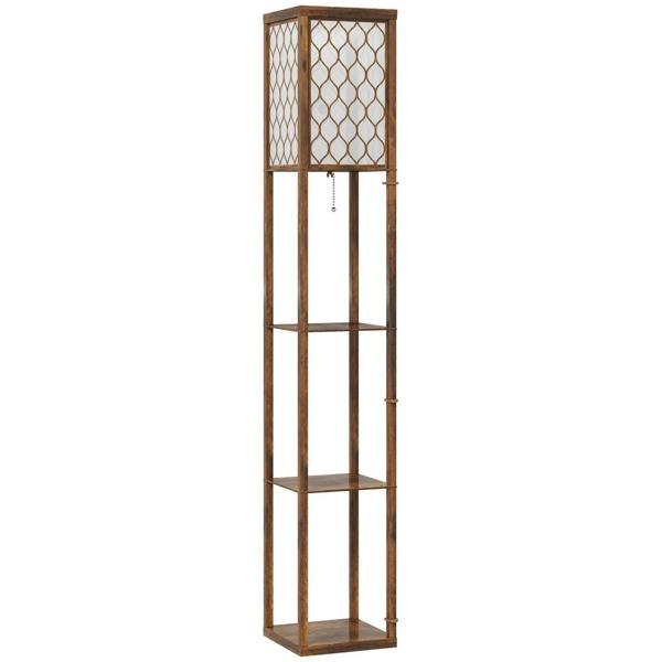 Rustic brown wooden standing lamp with three shelves and latticed front panels
