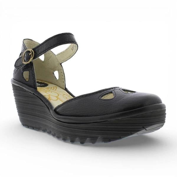 Fly London YUNA - Women’s Black Leather Wedge Sandals