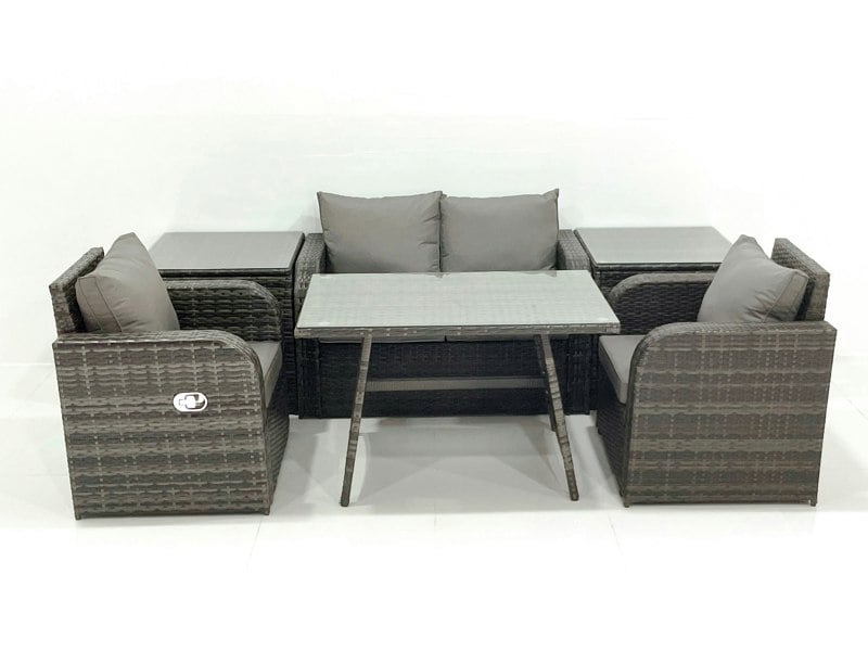 Fimous Outdoor Garden Furniture Set Rattan Sofa Dining Table Set with Reclining Chair 2 Side Tables Dark Grey Mixed