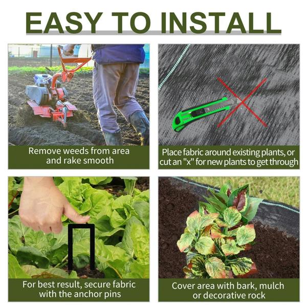 Black weed control fabric roll with installation shown around plants and covered with mulch